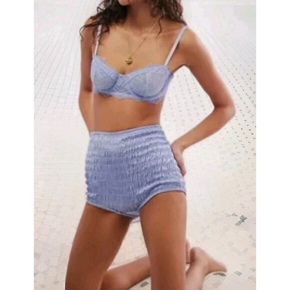 NEW FREE PEOPLE Ruched Shorties Silky High Rise Bloomer Micro Shorts Blue Large - Picture 2 of 7